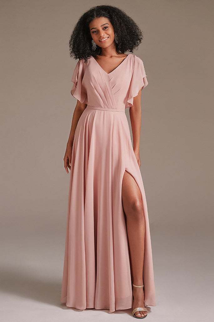 Pink Chiffon Ruffles Sleeves Bridesmaid Dress
