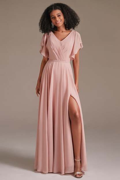 Pink Chiffon Ruffles Sleeves Bridesmaid Dress