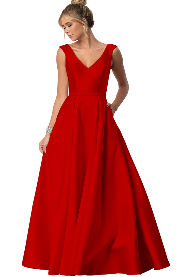 Sleeveless V-Neck Bridesmaid Dress with Pockets