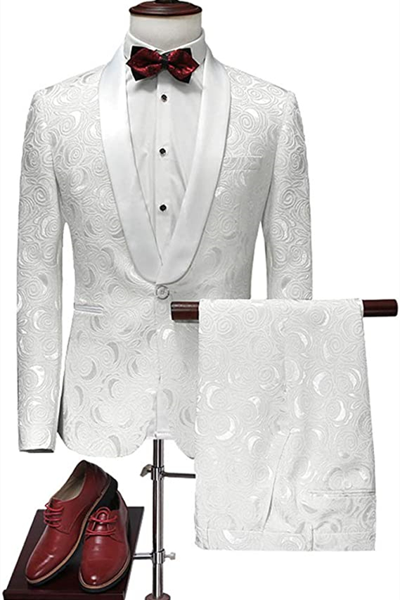 Formal Shawl Lapel White Jacquard Three-Piece Blazers Wedding Tuxedos for Men