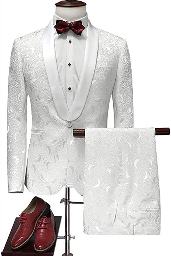 Formal Shawl Lapel White Jacquard Three-Piece Blazers Wedding Tuxedos for Men