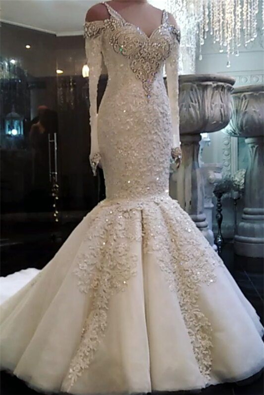 V-Neck Mermaid Beadings Long Sleeves Wedding Dress with Lace Appliques