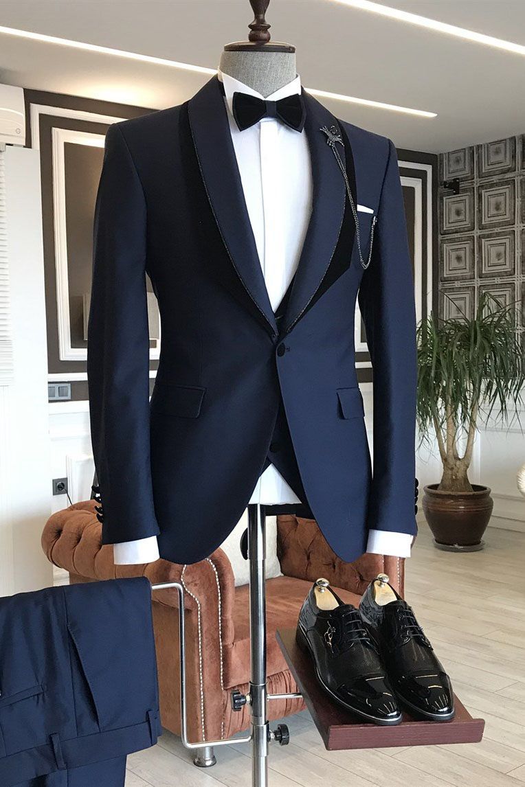 Navy Blue Gene Popular Shawl Lapel Wedding Suit with One Button