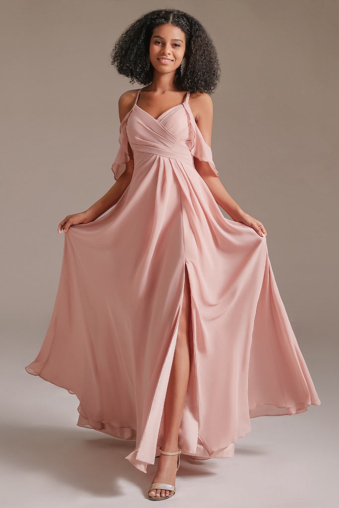 Pink Chiffon Long Bridesmaid Dress Split