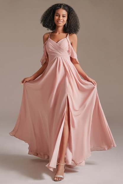 Pink Chiffon Long Bridesmaid Dress Split