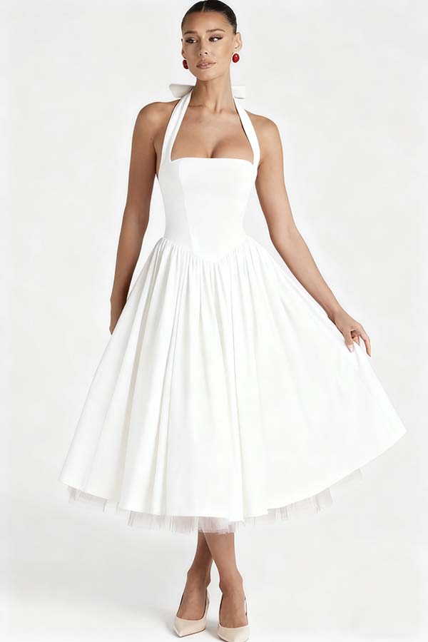 Halter Sleeveless Long A Line Formal Dress With Pleated Tulle