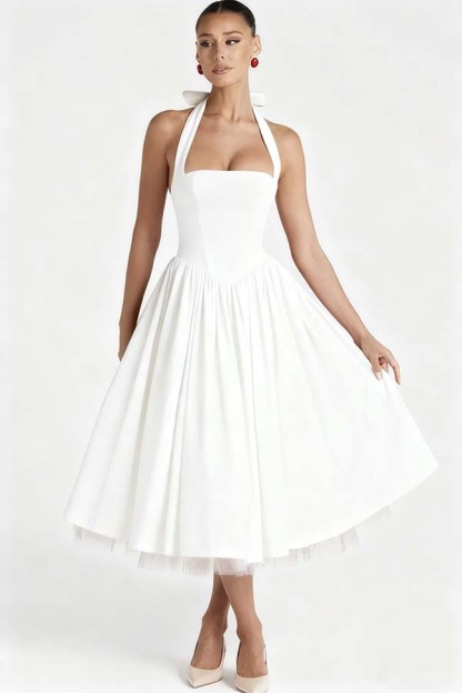 Halter Sleeveless Long A Line Formal Dress With Pleated Tulle