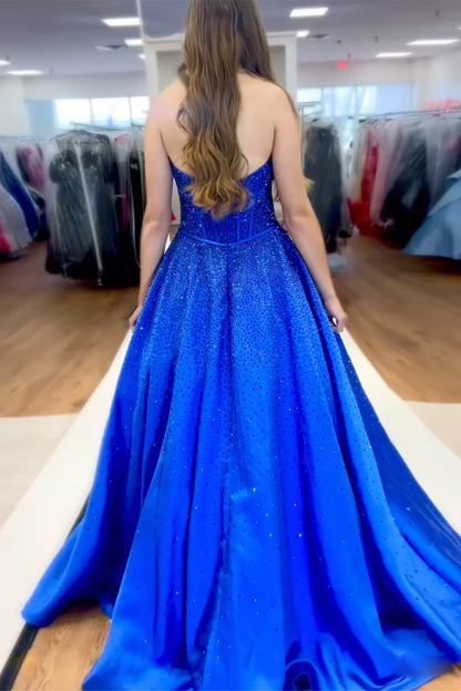 Sweetheart Long Beaded Prom Dress in Dark Navy with Corset and Bow