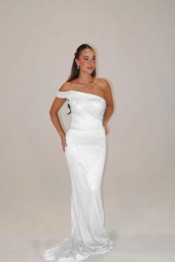 Sequins One Shoulder Sleeveless Long Mermaid Formal Dress With Pleated