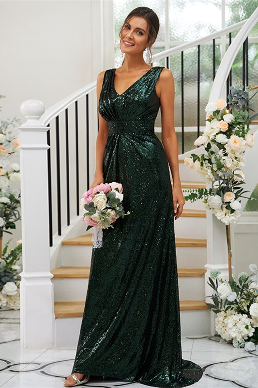 Dark Green Sequins Sleeveless Bridesmaid Dress