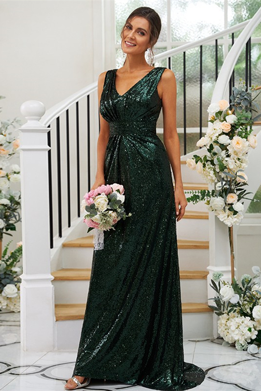 Dark Green Sequins Sleeveless Bridesmaid Dress