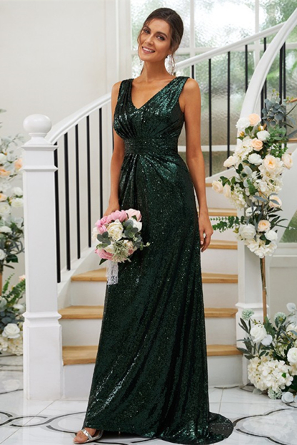 Dark Green Sequins Sleeveless Bridesmaid Dress