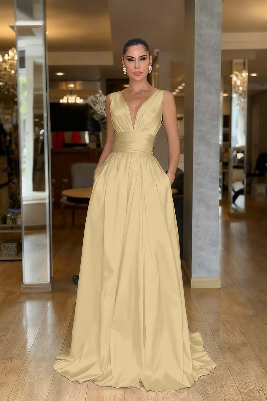 Straps Sleeveless High Waist Long Formal Dress With Pockets Pleated