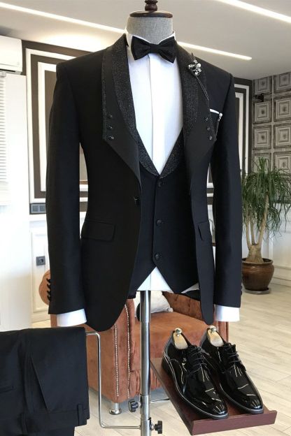 Elegant Three-Piece All-Black Shawl-Lapel One-Button Wedding Suits for Grooms