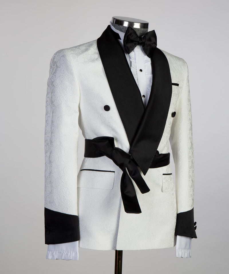 Miael Cuthbert Fashion White Jacquard Wedding Men's Suits with Double-Breasted Shawl Lapel