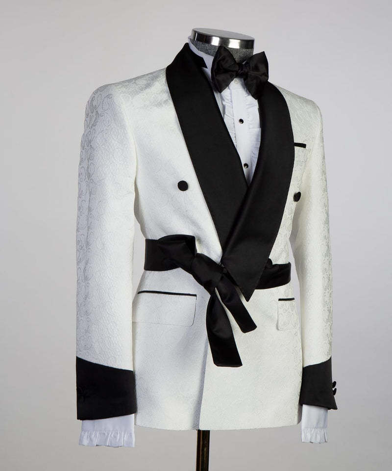 Miael Cuthbert Fashion White Jacquard Wedding Men's Suits with Double-Breasted Shawl Lapel
