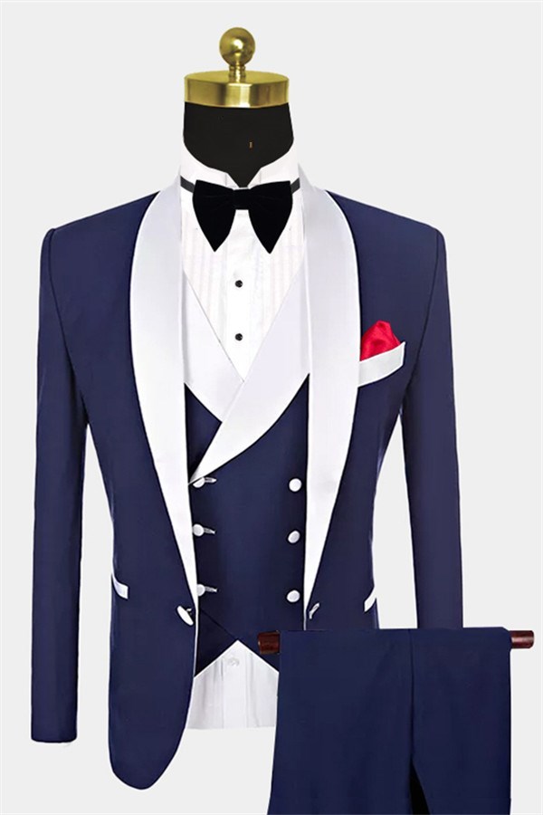 Navy Blue Groomsmen White Shawl-Lapel One-Button Three-Piece Wedding Tuxedos