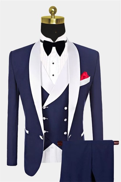 Navy Blue Groomsmen White Shawl-Lapel One-Button Three-Piece Wedding Tuxedos