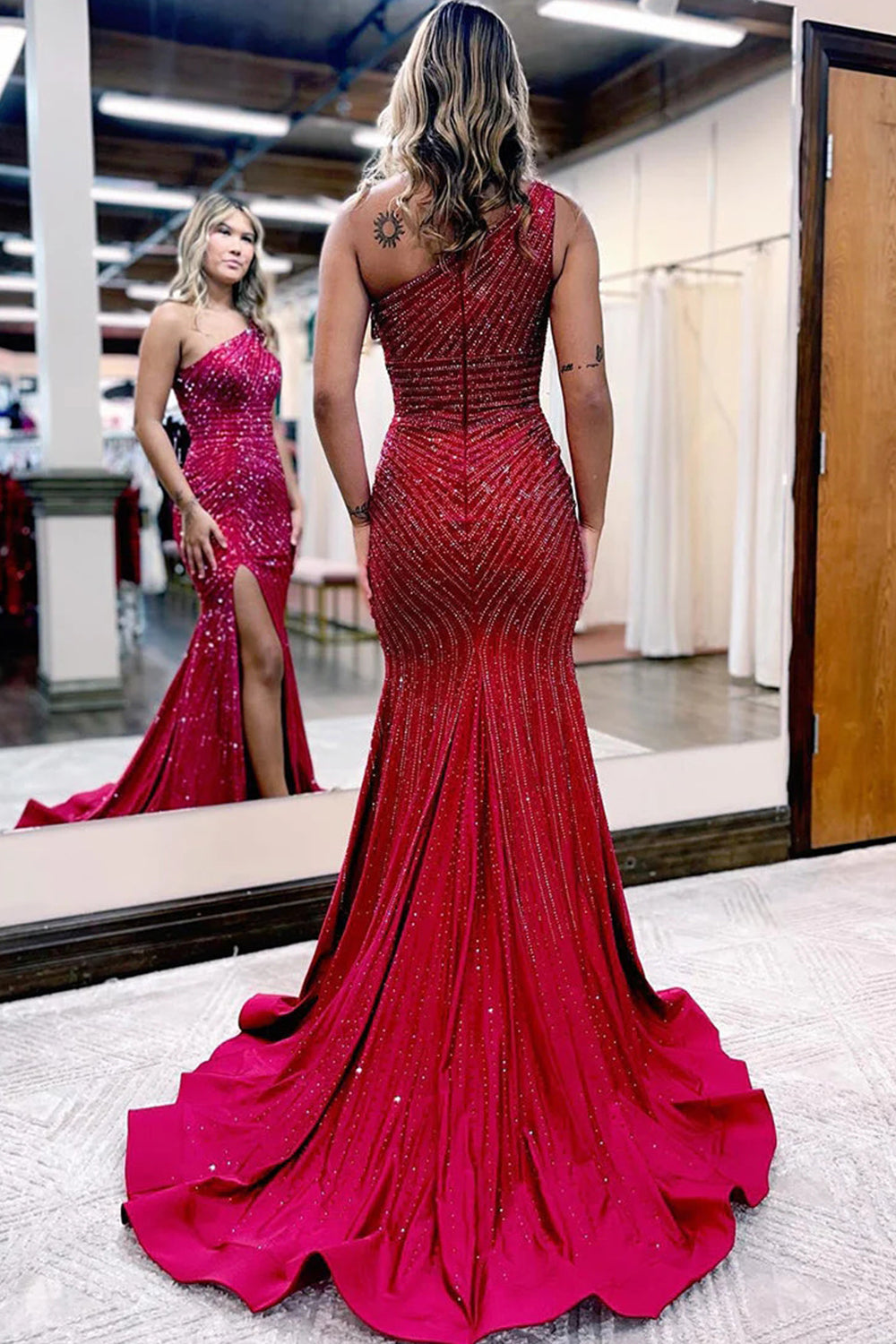 Long Burgundy Beaded Prom Dress with Sparkly Details and a One-Shoulder Slit