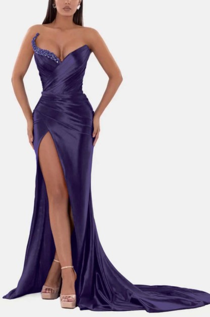 Sexy Royal Blue Formal Dress V Neck With High Slit Pleated Strapless Sleeveless