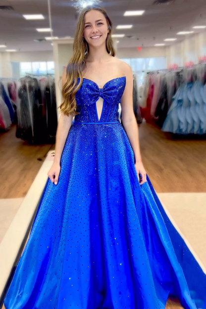 Sweetheart Long Beaded Prom Dress in Dark Navy with Corset and Bow
