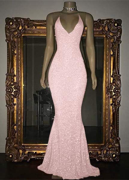 V-Neck Mermaid Elegant Halter Evening Dress With Sequins