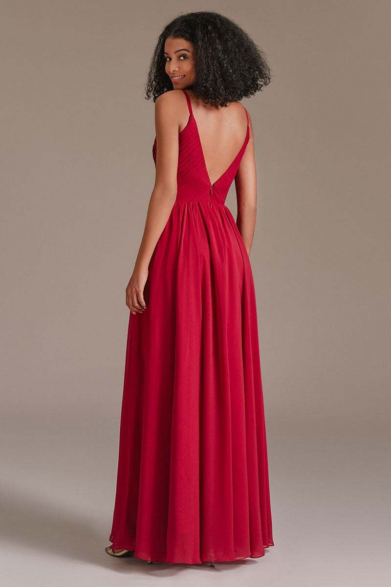 V-Neck Red Bridesmaid Dress with Split