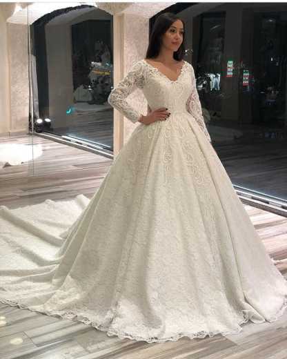 Classic A-Line Long Sleeves Floor-Length Deep V-Neck Wedding Dress with Appliques Lace