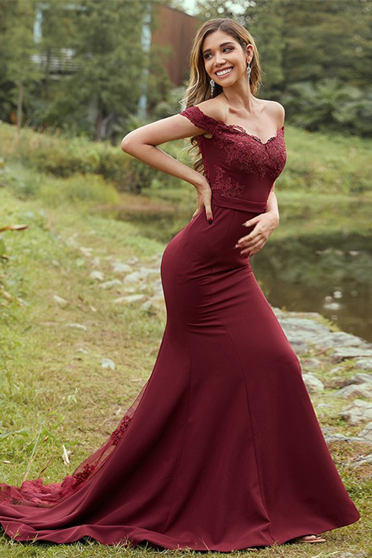 Burgundy Off-the-Shoulder Lace Bridesmaid Dress
