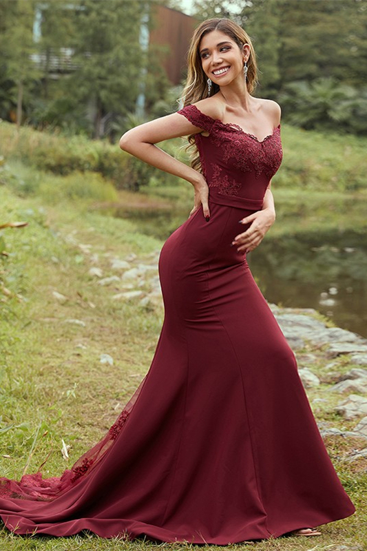 Burgundy Off-the-Shoulder Lace Bridesmaid Dress