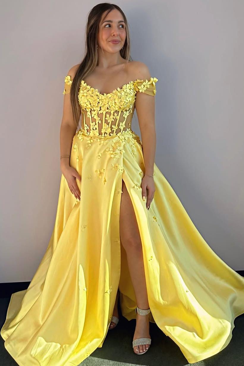 Off the Shoulder Sleeveless Long Split Formal Dress With Appliques