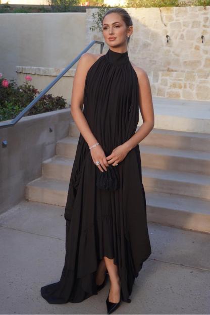 Black Halter Sleeveless Backless Long Formal Dress With Pleated