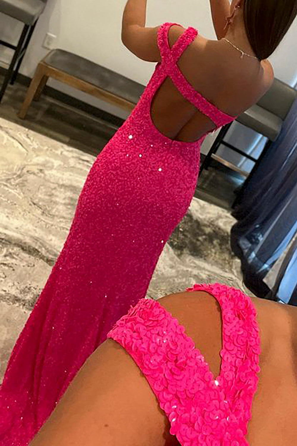 Sequined One-Shoulder Prom Dress in Fuchsia
