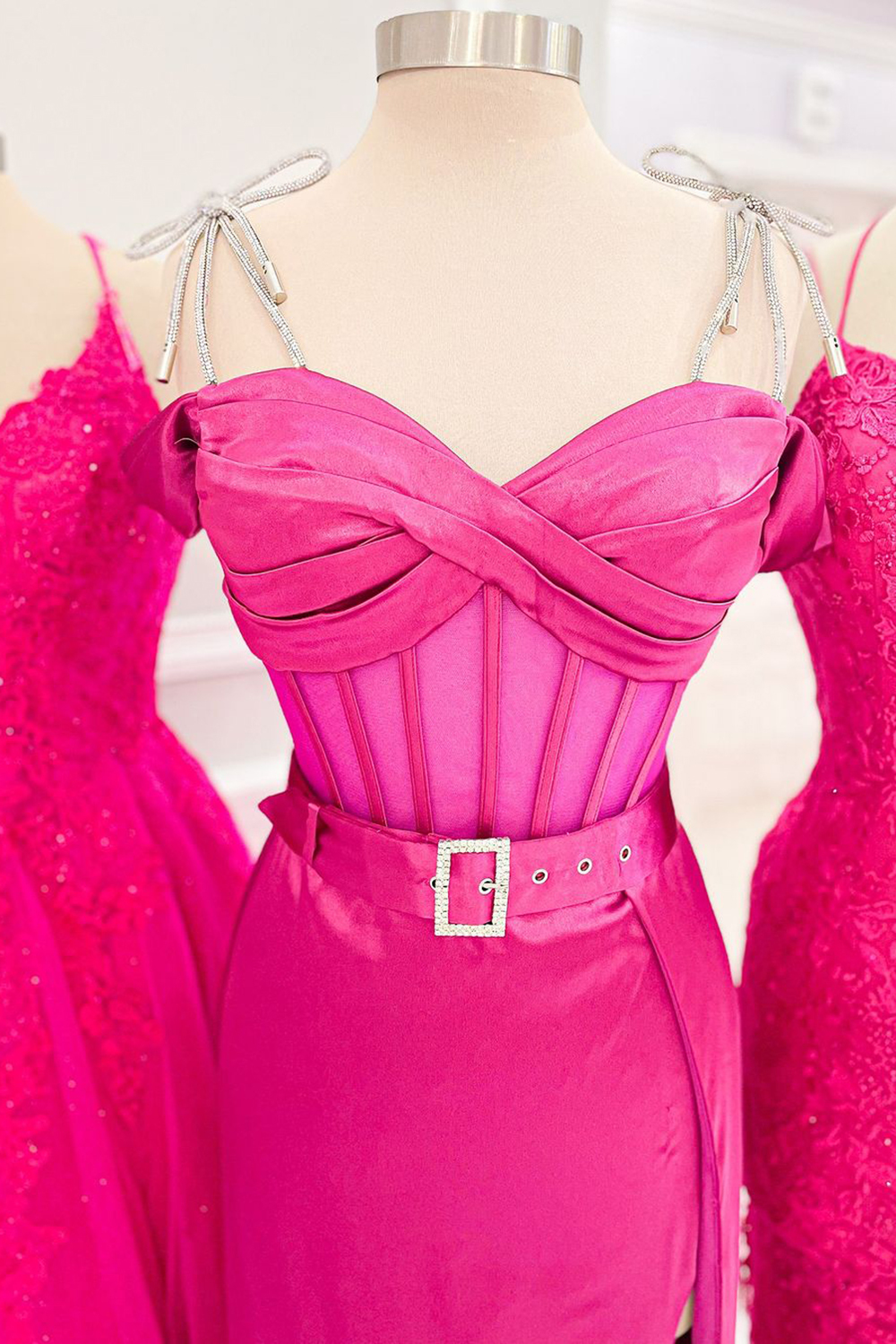 Hot Pink Mermaid Corset Prom Dress with Stylish Spaghetti Straps and Front Split