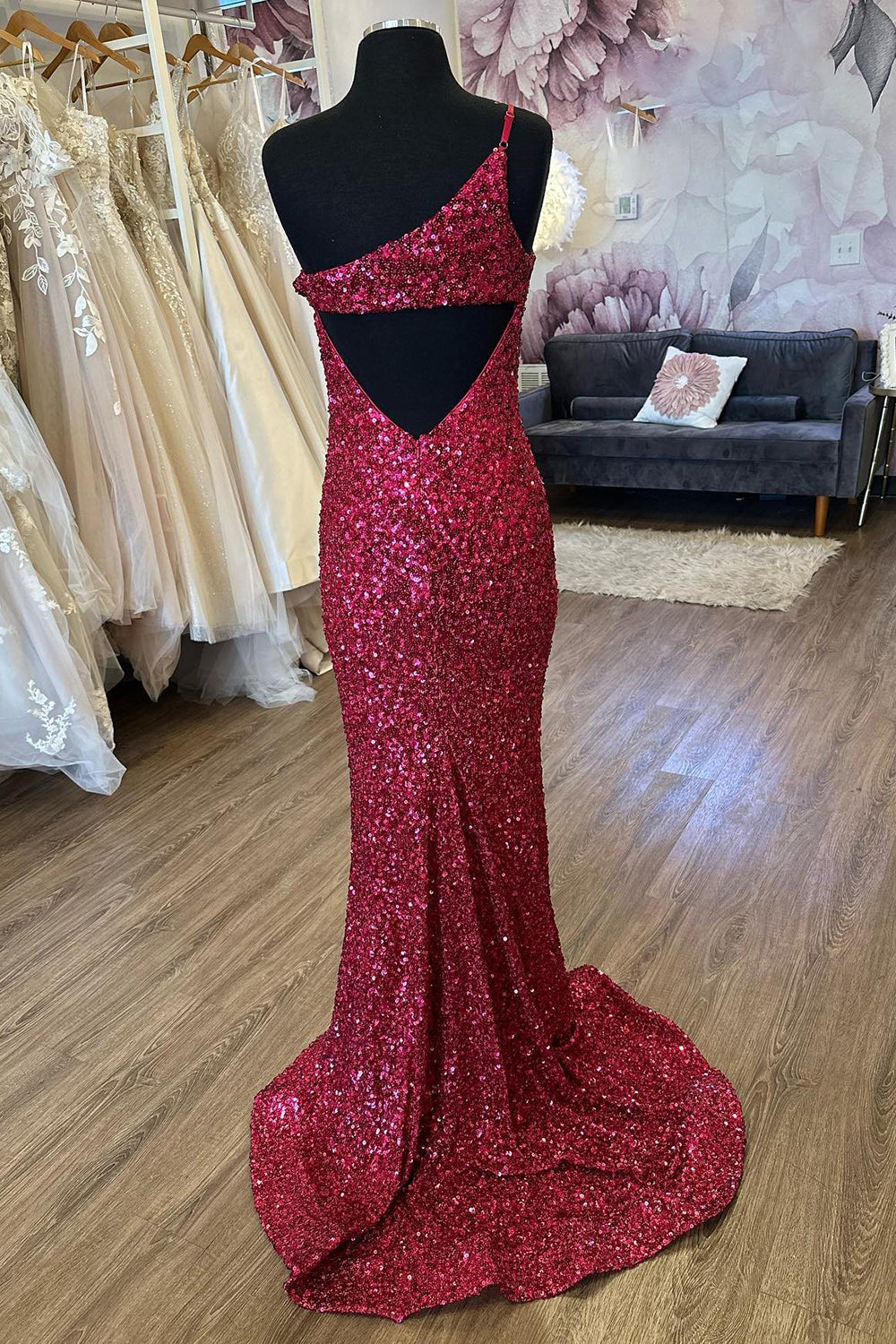 Burgundy Sequins Long Prom Dress with Mermaid Cut and One-Shoulder Split Front
