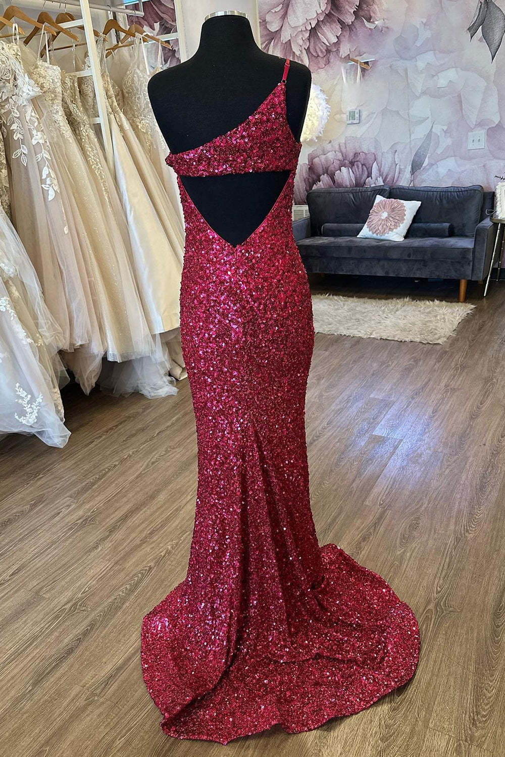 Burgundy Sequins Long Prom Dress with Mermaid Cut and One-Shoulder Split Front