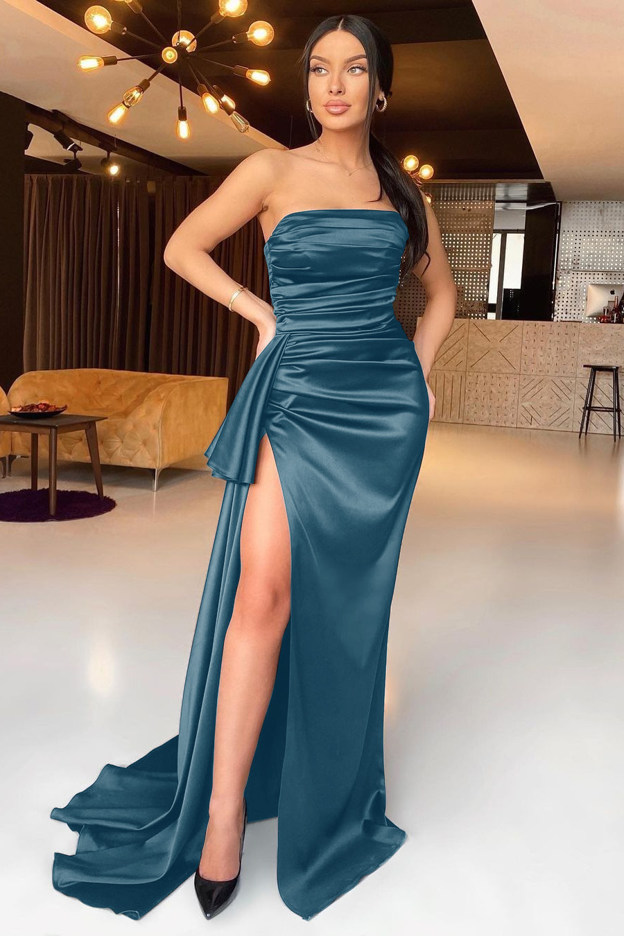 Black Mermaid Strapless Evening Dress With Split