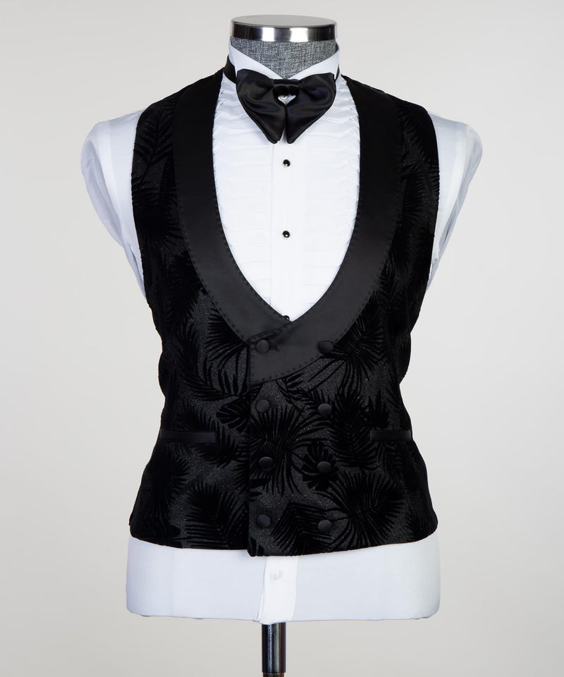 David Modern Black Peaked Lapel Jacquard Three-Piece Men's Suits