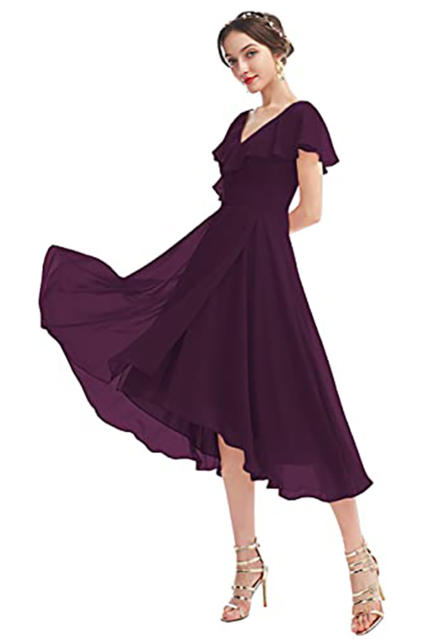 V-Neck Short Sleeve Ruffles Bridesmaid Dress