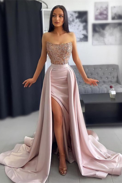 Strapless Dark Pink Slit Mermaid Prom Dress With Chic Sequins Ruffles Appliques