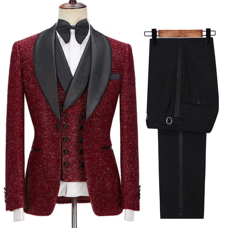 Sparkle Red Three-Piece Wedding Suits with Black Shawl Lapel