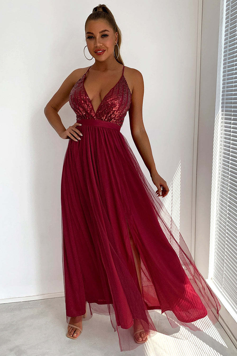 Sequin Party Dress with Green V-neck