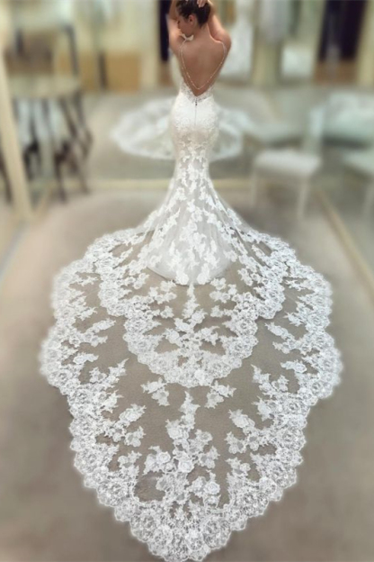 Spaghetti-Straps Mermaid Backless V-Neck Long Wedding Dress with Lace