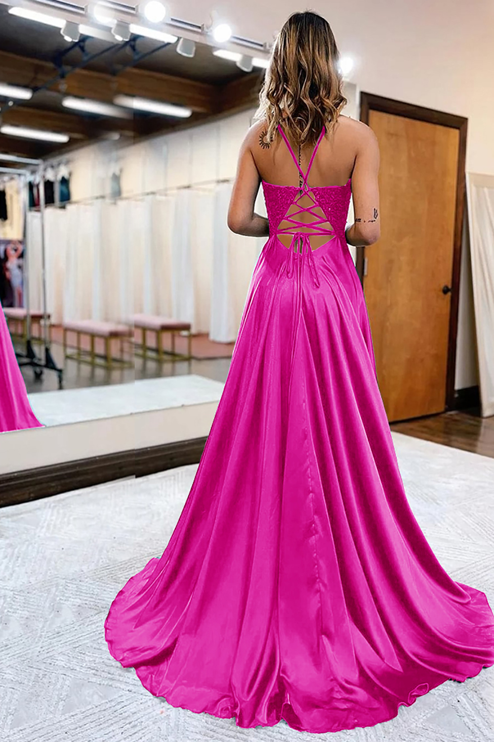 Prom Dress in Dark Green Satin with A-Line Silhouette and Appliques Featuring a Slit