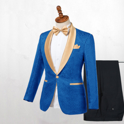 Popular Blue Shawl Lapel Men's with Jacquard Wedding Suit