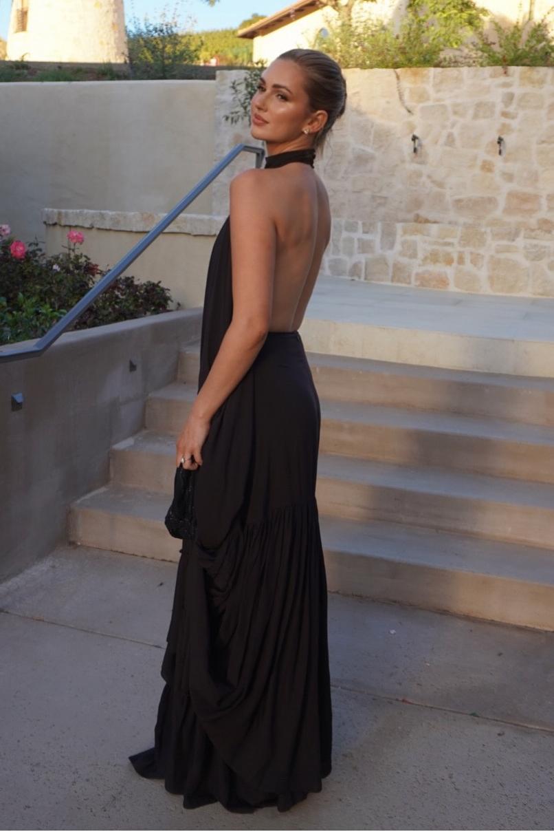 Black Halter Sleeveless Backless Long Formal Dress With Pleated