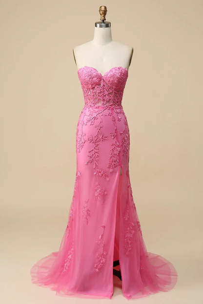 Sweetheart Long Pink Lace Corset Prom Dress with Slit