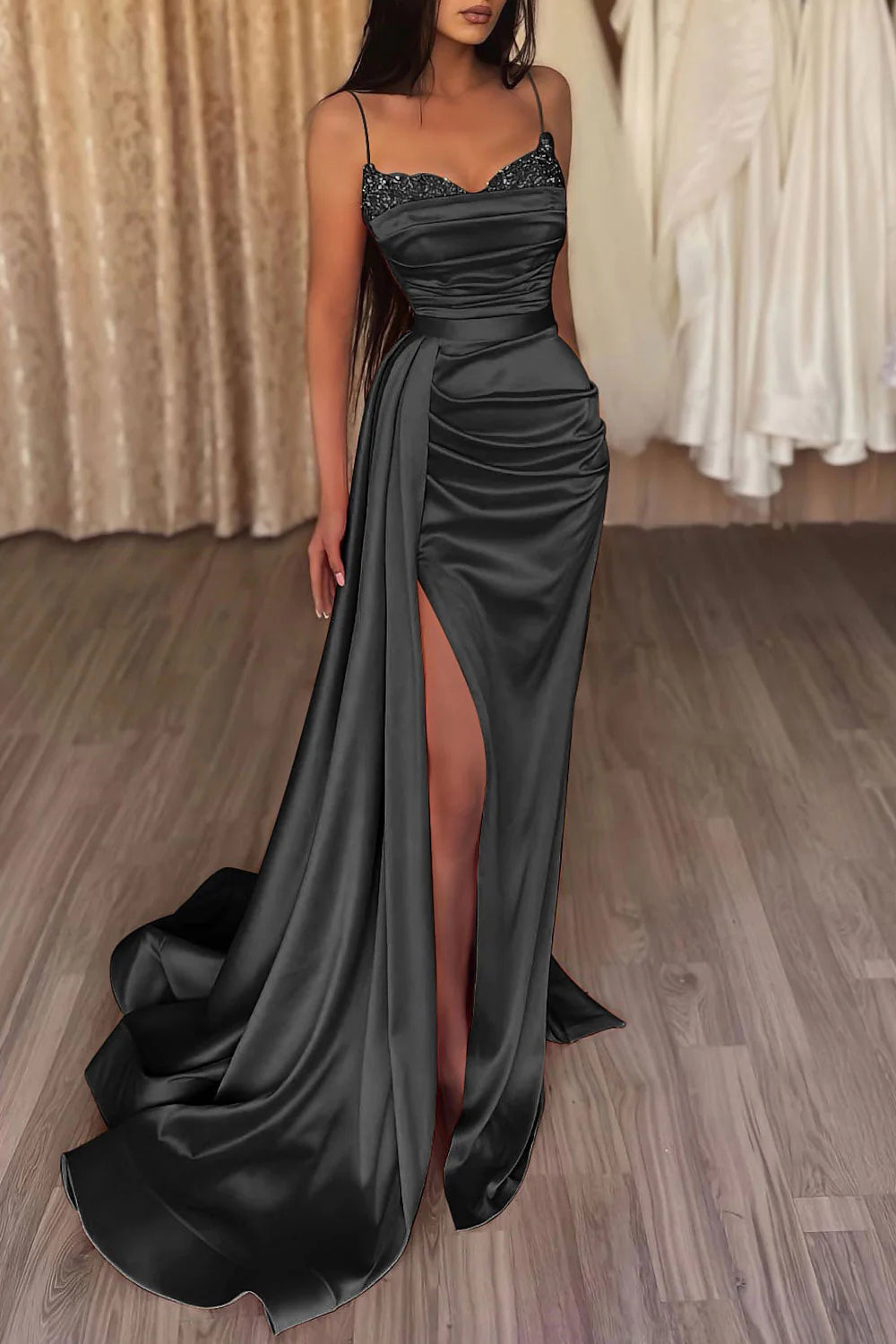 Dark Grey Long Prom Dress with Mermaid Spaghetti Straps and Front Split