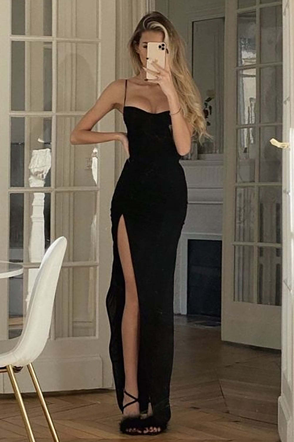 Black Long Prom Dress with Mermaid Spaghetti Straps and Front Split