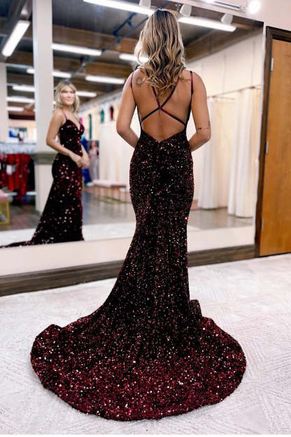Long Backless Prom Dress with Sparkly Blue Mermaid Sequins